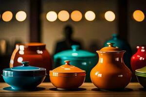 colorful ceramic bowls and jars on a table. AI-Generated photo