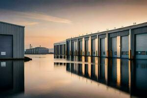 un grande almacén con agua en frente de él. generado por ai foto