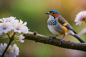 a colorful bird sits on a branch with flowers. AI-Generated photo