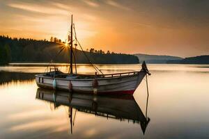 a boat is docked on a lake at sunset. AI-Generated photo