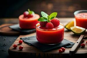 raspberry smoothie with fresh raspberries and mint. AI-Generated photo