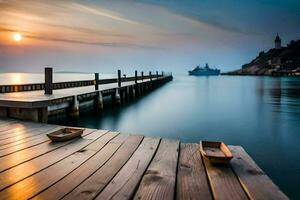 a wooden dock with boats on it at sunset. AI-Generated photo