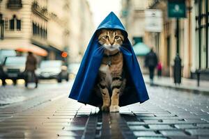 a cat wearing a blue cloak on a city street. AI-Generated photo