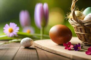 Pascua de Resurrección huevos en un cesta en un mesa. generado por ai foto