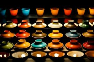 a row of colorful cups and vases on a table. AI-Generated photo