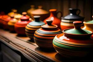 colorful pottery on a shelf. AI-Generated photo