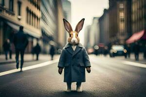 a rabbit dressed in a suit and tie standing on a street. AI-Generated photo