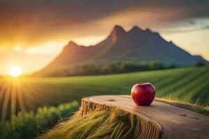 manzana en un tocón en el campo. generado por ai foto