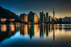 el ciudad horizonte es reflejado en el agua a puesta de sol. generado por ai foto