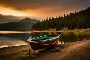 a boat sits on the shore of a lake at sunset. AI-Generated photo