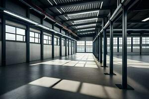 an empty warehouse with lots of windows and lots of sunlight. AI-Generated photo
