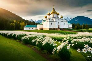 a church in the middle of a field with flowers. AI-Generated photo