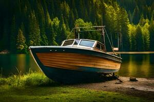 a boat sits on the shore of a lake. AI-Generated photo