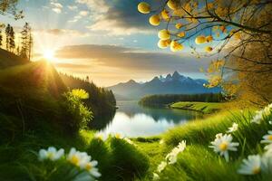 the sun shines on the flowers and the mountains in this beautiful landscape. AI-Generated photo