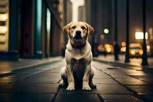 a dog sitting on the street at night. AI-Generated photo