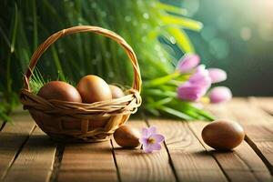 easter eggs in a basket. AI-Generated photo