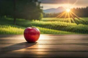 an apple sits on a wooden table in front of a field. AI-Generated photo