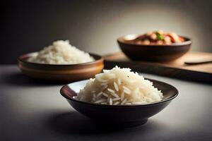 three bowls of rice sit on a table. AI-Generated photo