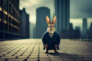 a rabbit in a suit stands on a brick road. AI-Generated photo