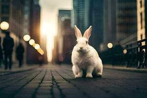 a white rabbit is sitting on the street in a city. AI-Generated photo