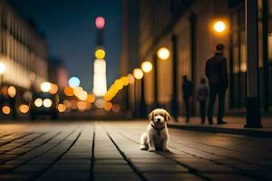 un perro sentado en el calle a noche. generado por ai foto