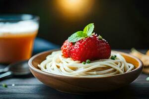 a bowl of pasta with a strawberry and a glass of beer. AI-Generated photo