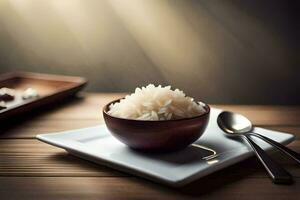 a bowl of rice on a plate with a spoon and a wooden tray. AI-Generated photo