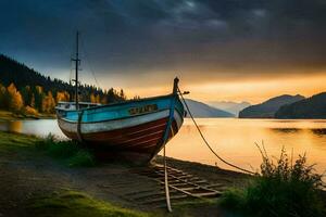 a boat sits on the shore at sunset. AI-Generated photo