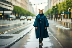 un mujer vistiendo un zorro máscara en el lluvia. generado por ai foto