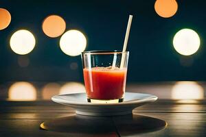 a glass of juice on a table with lights in the background. AI-Generated photo