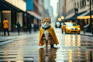 a cat wearing a yellow cape on a city street. AI-Generated photo