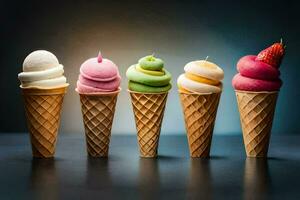 five ice cream cones with different flavors. AI-Generated photo