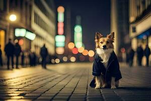 a dog in a coat standing on a street at night. AI-Generated photo