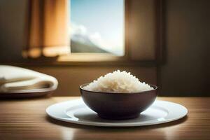 a bowl of rice on a table with a window in the background. AI-Generated photo