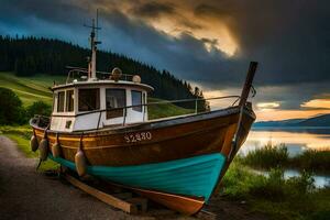 a boat sits on the shore of a lake. AI-Generated photo