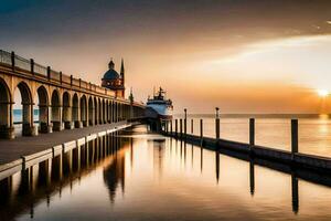 the sun sets over the pier at the end of a pier. AI-Generated photo