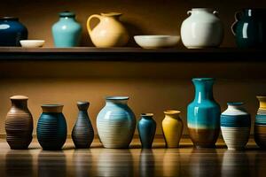 a row of vases are lined up on a shelf. AI-Generated photo