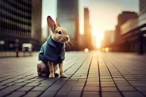 a rabbit wearing a jacket sits on the street. AI-Generated photo