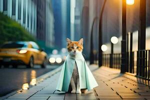 a cat wearing a cape on a city street. AI-Generated photo