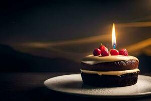un pequeño chocolate pastel con un soltero vela en cima. generado por ai foto