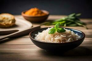a bowl of rice with a sprig of basil on top. AI-Generated photo