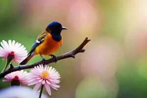 a colorful bird sits on a branch with pink flowers. AI-Generated photo