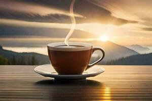 coffee cup on the table, sunrise, mountains, sunrise, sunrise, sunrise, sunrise,. AI-Generated photo