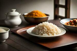 a table with bowls of rice, a bowl of soup and a bowl of curry. AI-Generated photo