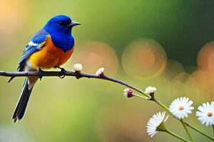 a blue and orange bird sits on a branch. AI-Generated photo