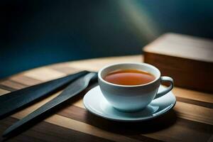 a cup of tea sits on a wooden table with a knife and a wooden box. AI-Generated photo