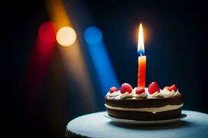 a birthday cake with a lit candle. AI-Generated photo