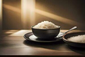 rice in a bowl and spoon on a wooden table. AI-Generated photo