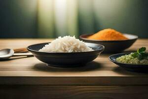 three bowls of rice and spices on a table. AI-Generated photo