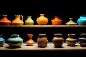 a row of colorful vases on a wooden shelf. AI-Generated photo